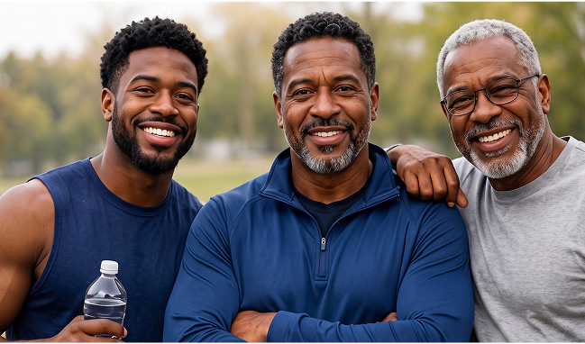 Three men smiling together outdoors